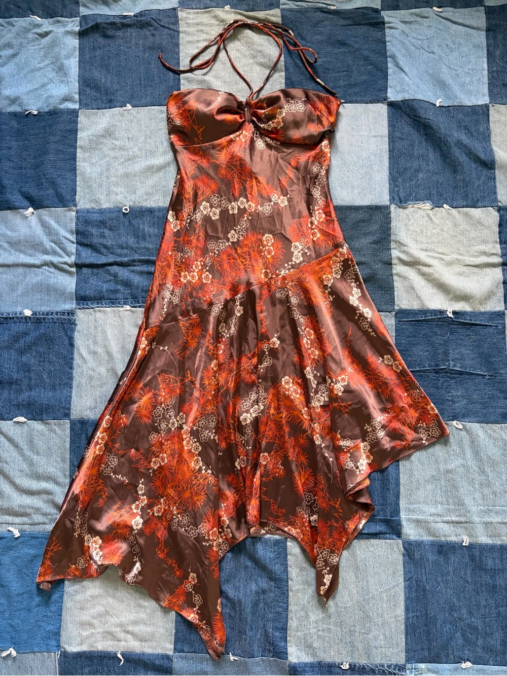 Y2K Asymmetrical Fairy Floral Halter Midi Dress Brown Orange Speechless L